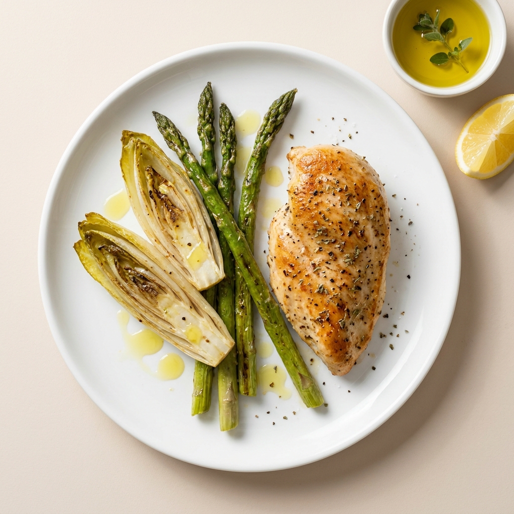 Pan-Seared Herb Chicken Breast with Roasted Asparagus and Endive, prepared as a finished Lila recipe