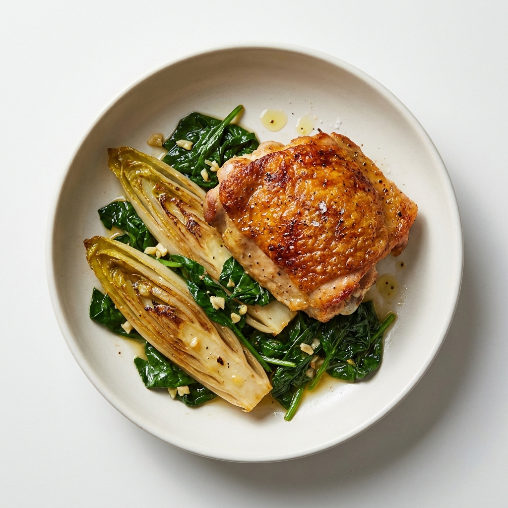 Crispy Skin Chicken Thighs with Braised Endive and Spinach, prepared as a finished Lila recipe