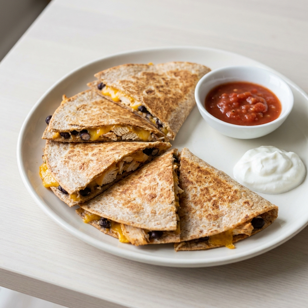 Quick Cheesy Black Bean & Chicken Quesadillas, prepared as a finished Lila recipe