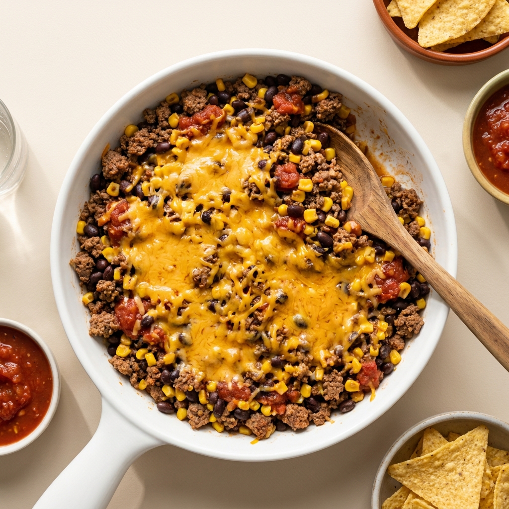 Quick Loaded Beef Taco Skillet, prepared as a finished Lila recipe