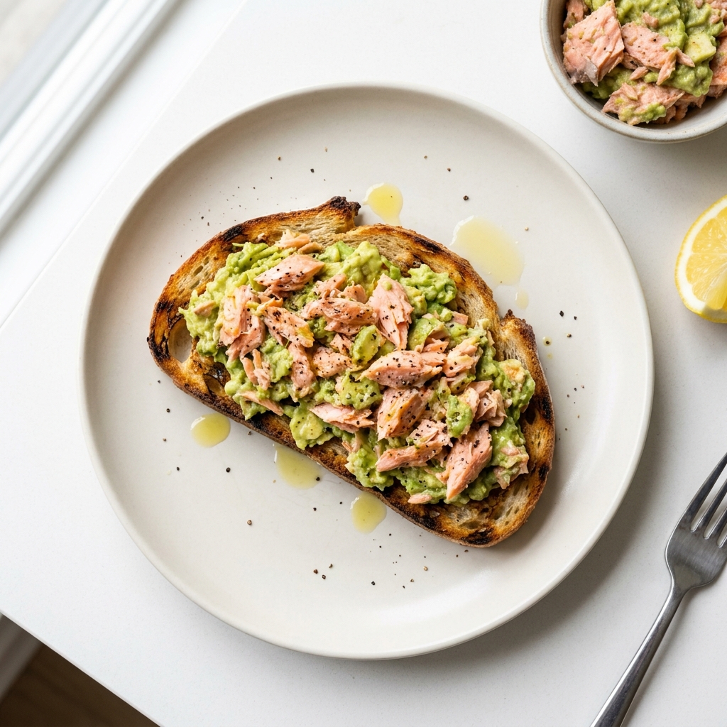 Wild Pink Salmon and Avocado Sourdough Toast, prepared as a finished Lila recipe