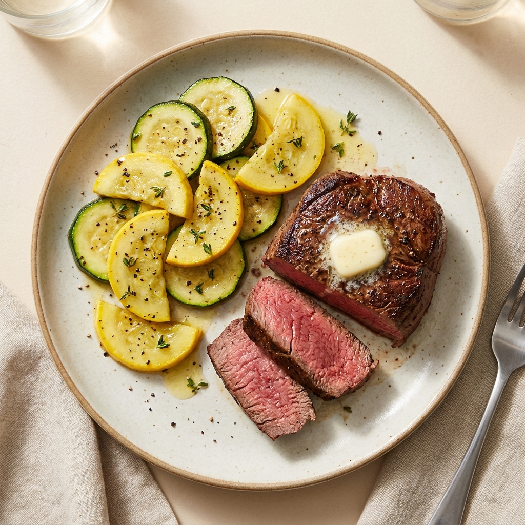 Pan Seared Beef Tenderloin With Buttered Summer Squash, prepared as a finished Lila recipe