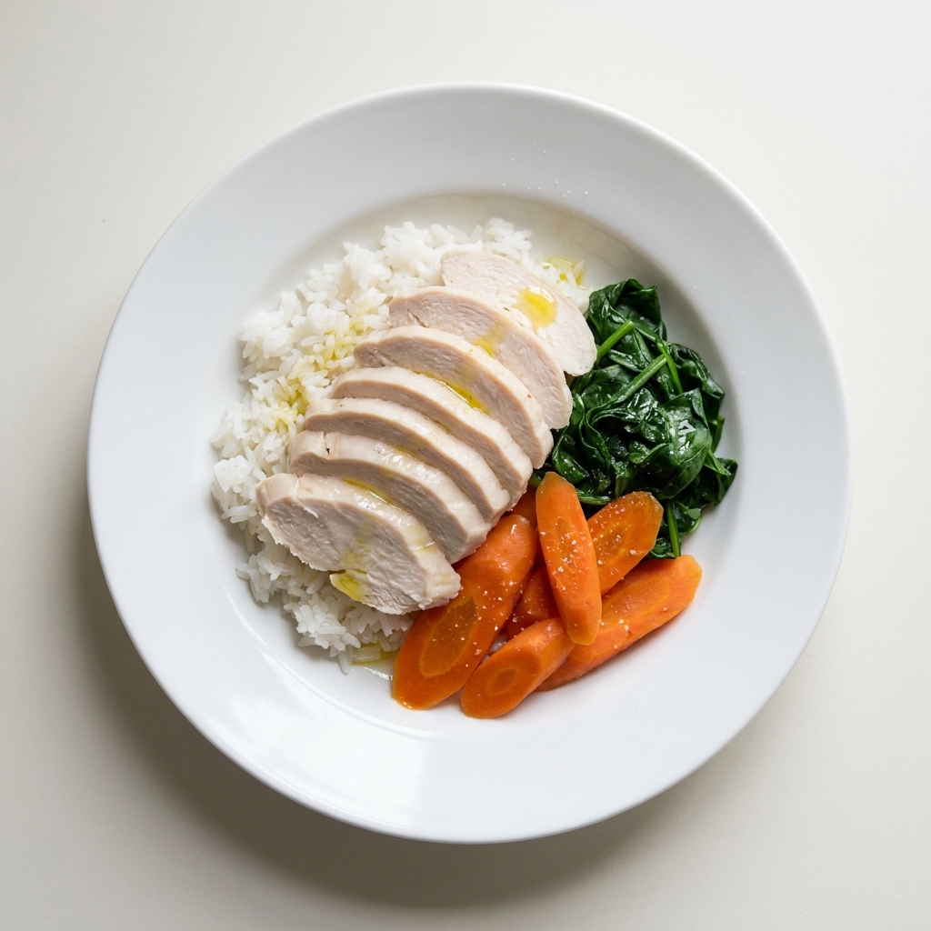 Gentle Poached Chicken with Warm Rice and Carrots, prepared as a finished Lila recipe