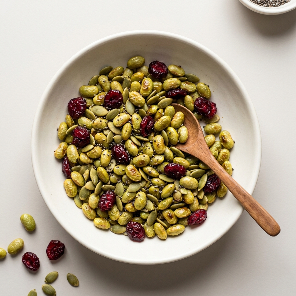 Crispy Edamame and Seed Trail Bowl, prepared as a finished Lila recipe