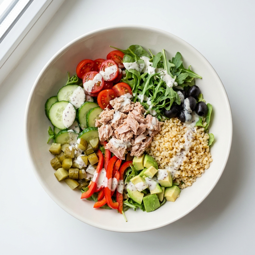 Refreshing Tuna Bulgur Salad with Avocado, prepared as a finished Lila recipe