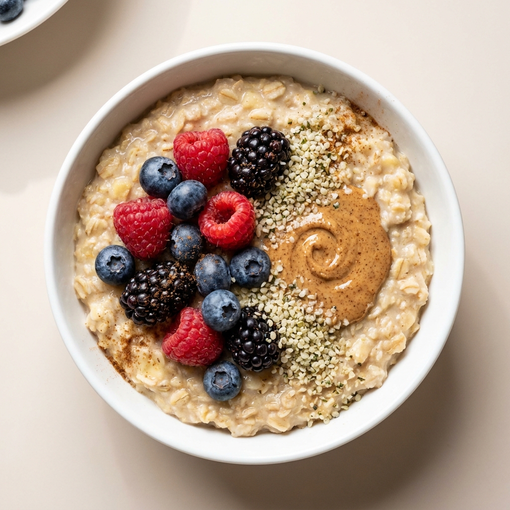 Protein Packed Banana Berry Oatmeal Bowl, prepared as a finished Lila recipe