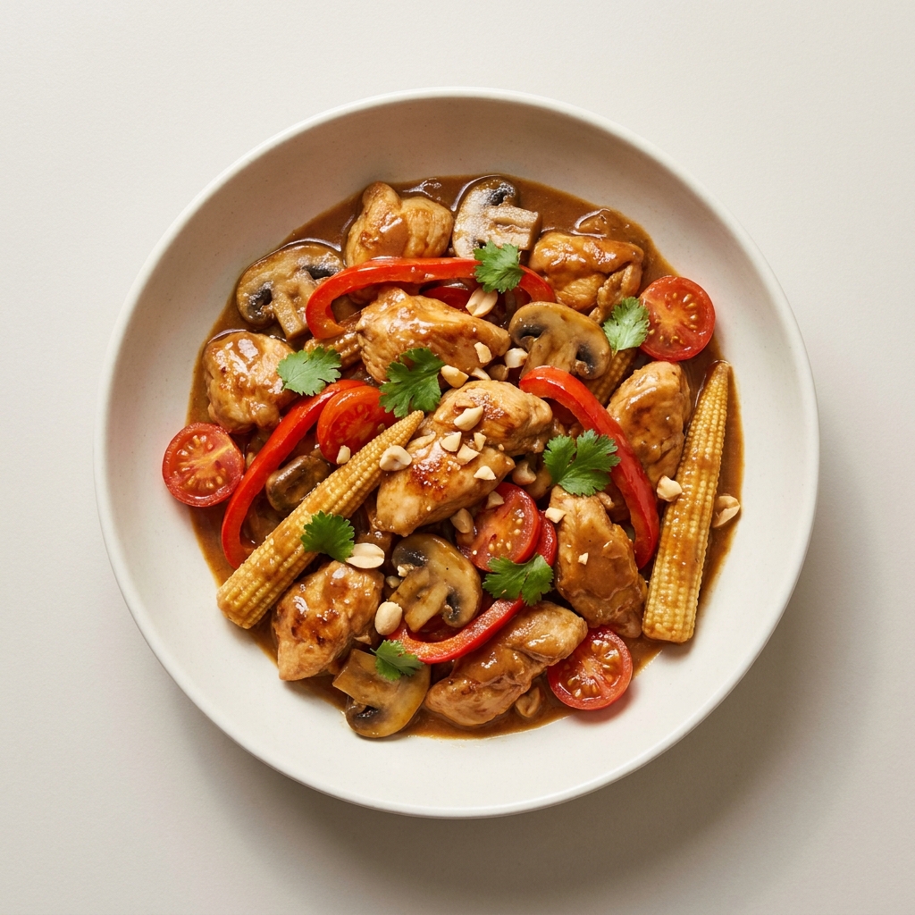 Easy Peanut Satay Chicken and Veggie Stir-Fry, prepared as a finished Lila recipe