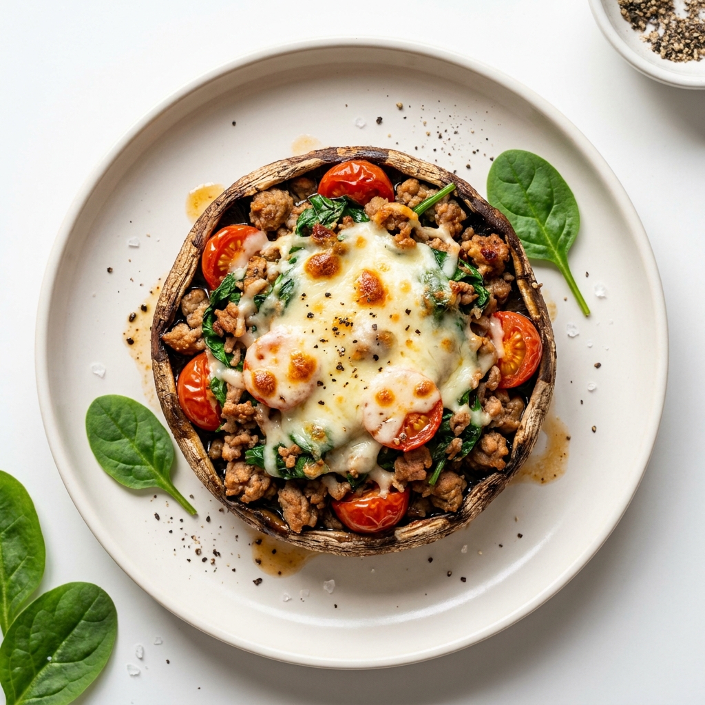 Air Fryer Turkey and Mozzarella Stuffed Portobello, prepared as a finished Lila recipe