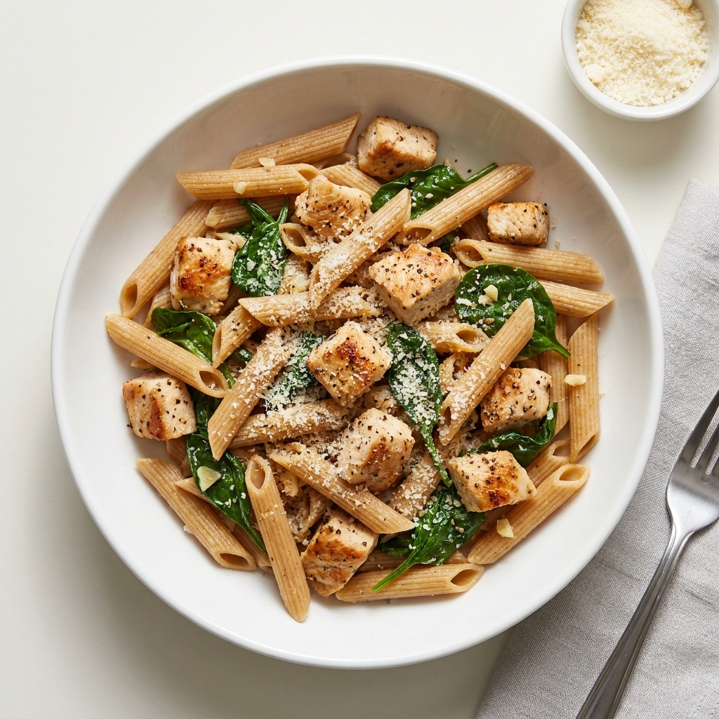 Garlic Chicken and Parmesan Penne, prepared as a finished Lila recipe