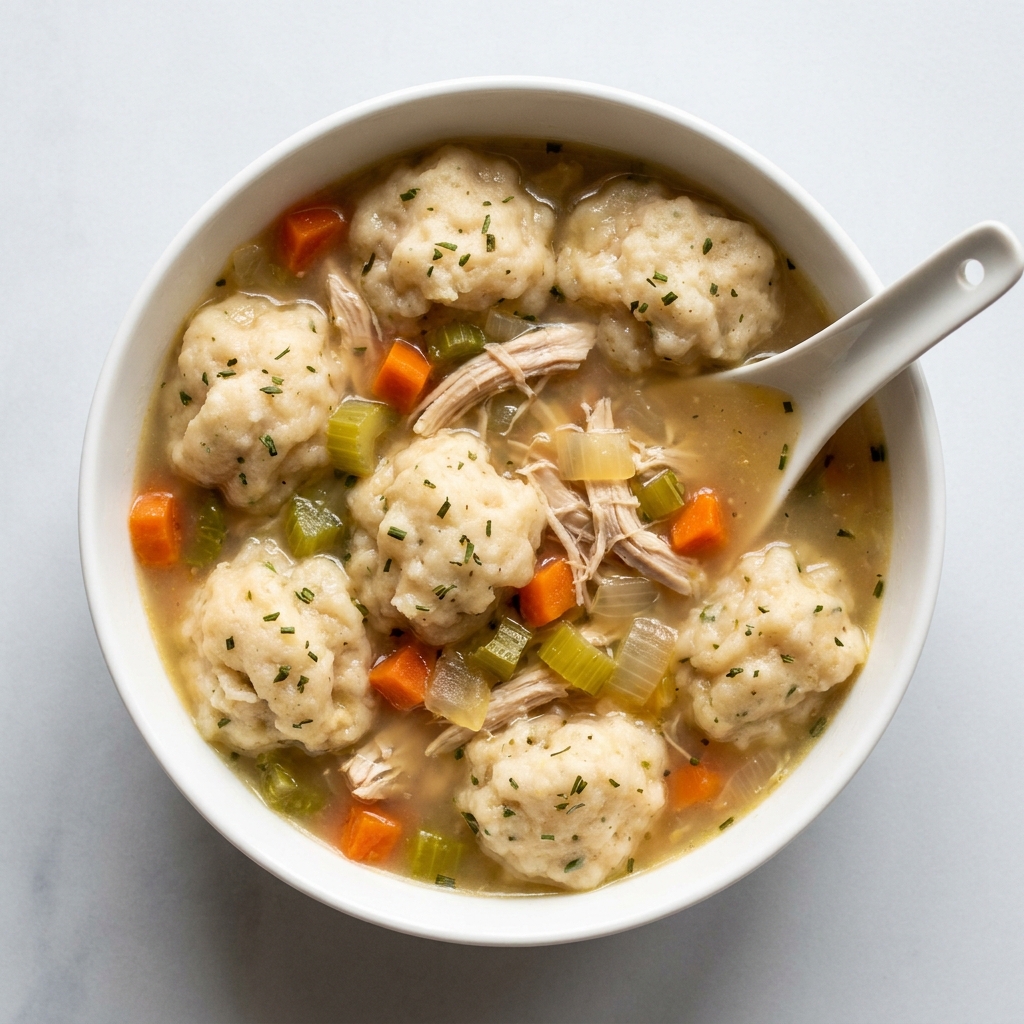 Chicken and Dumpling Soup, prepared as a finished Lila recipe