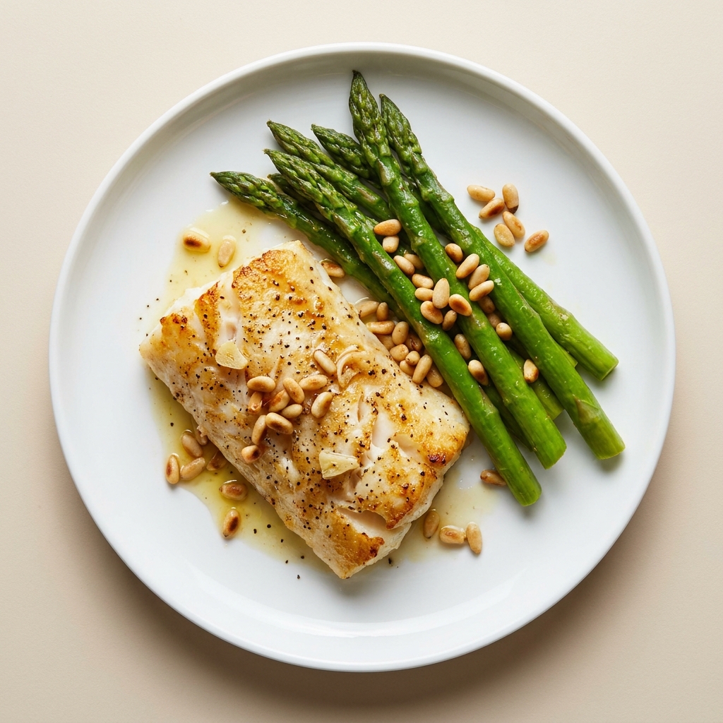 Lemon Herb Cod With Steamed Asparagus and Pine Nuts, prepared as a finished Lila recipe