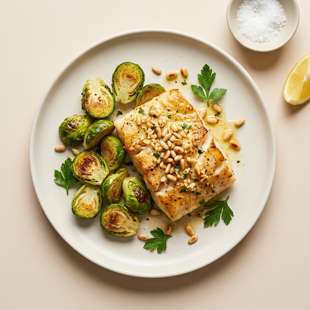 Lemon Herb Cod With Roasted Brussels Sprouts and Pine Nuts, prepared as a finished Lila recipe