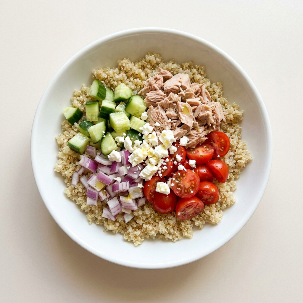 Mediterranean Quinoa and Tuna Power Bowl, prepared as a finished Lila recipe