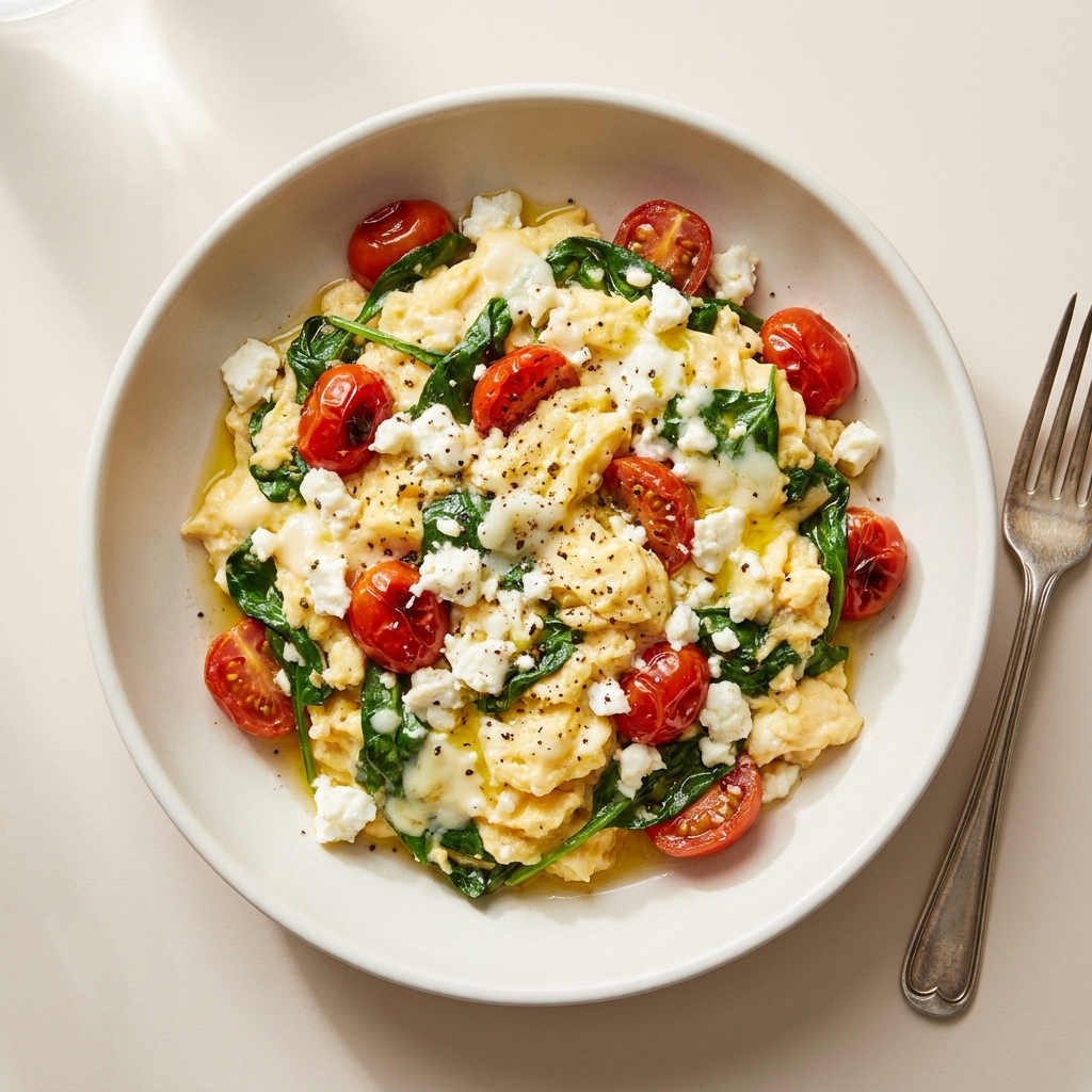 Mediterranean Scrambled Eggs with Spinach and Feta, prepared as a finished Lila recipe