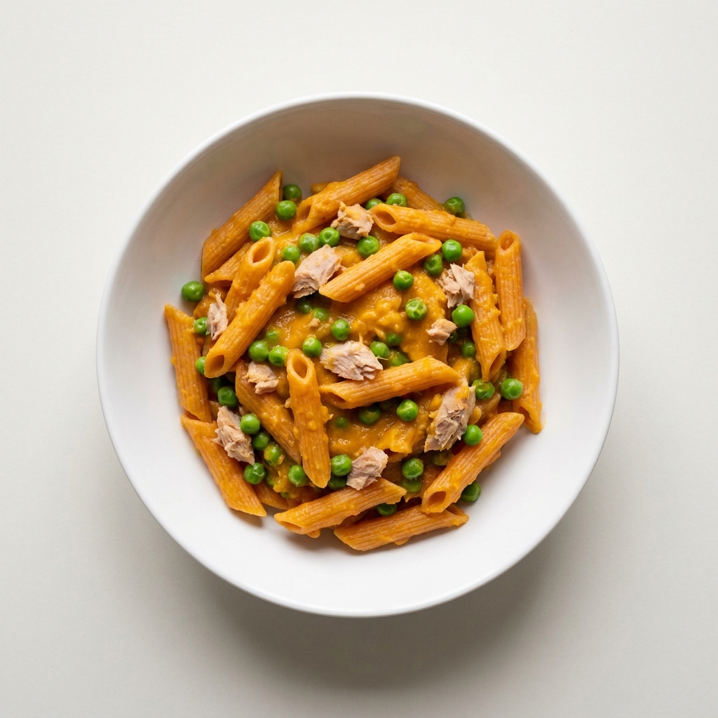 Creamy Butternut and Pea Red Lentil Penne with Tuna, prepared as a finished Lila recipe