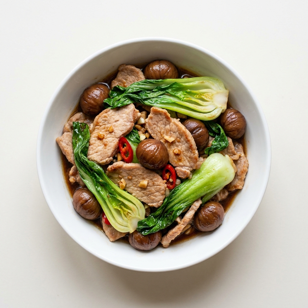 12-Minute Pork and Chestnut Stir-Fry with Pak Choi, prepared as a finished Lila recipe