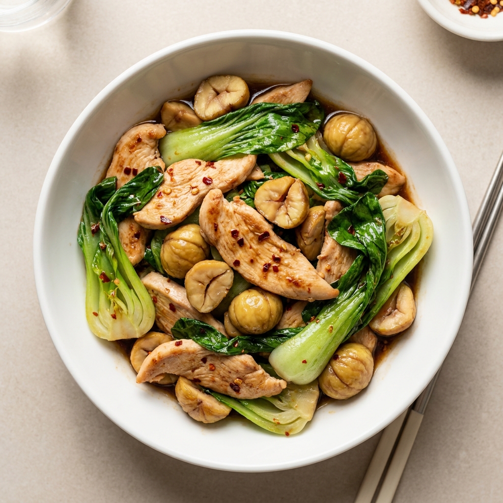 12-Minute Chicken and Chestnut Stir-Fry with Pak Choi, prepared as a finished Lila recipe