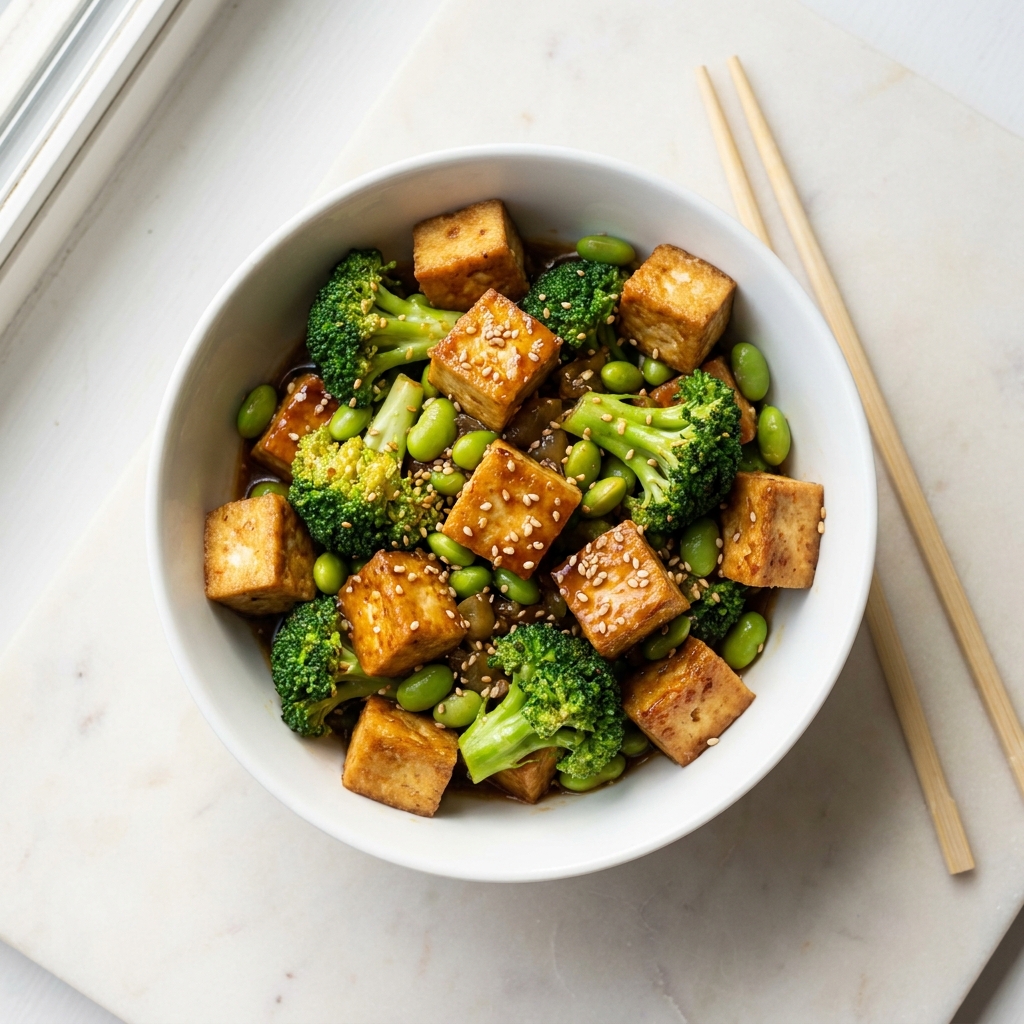 Crispy Tofu and Edamame Stir-Fry, prepared as a finished Lila recipe