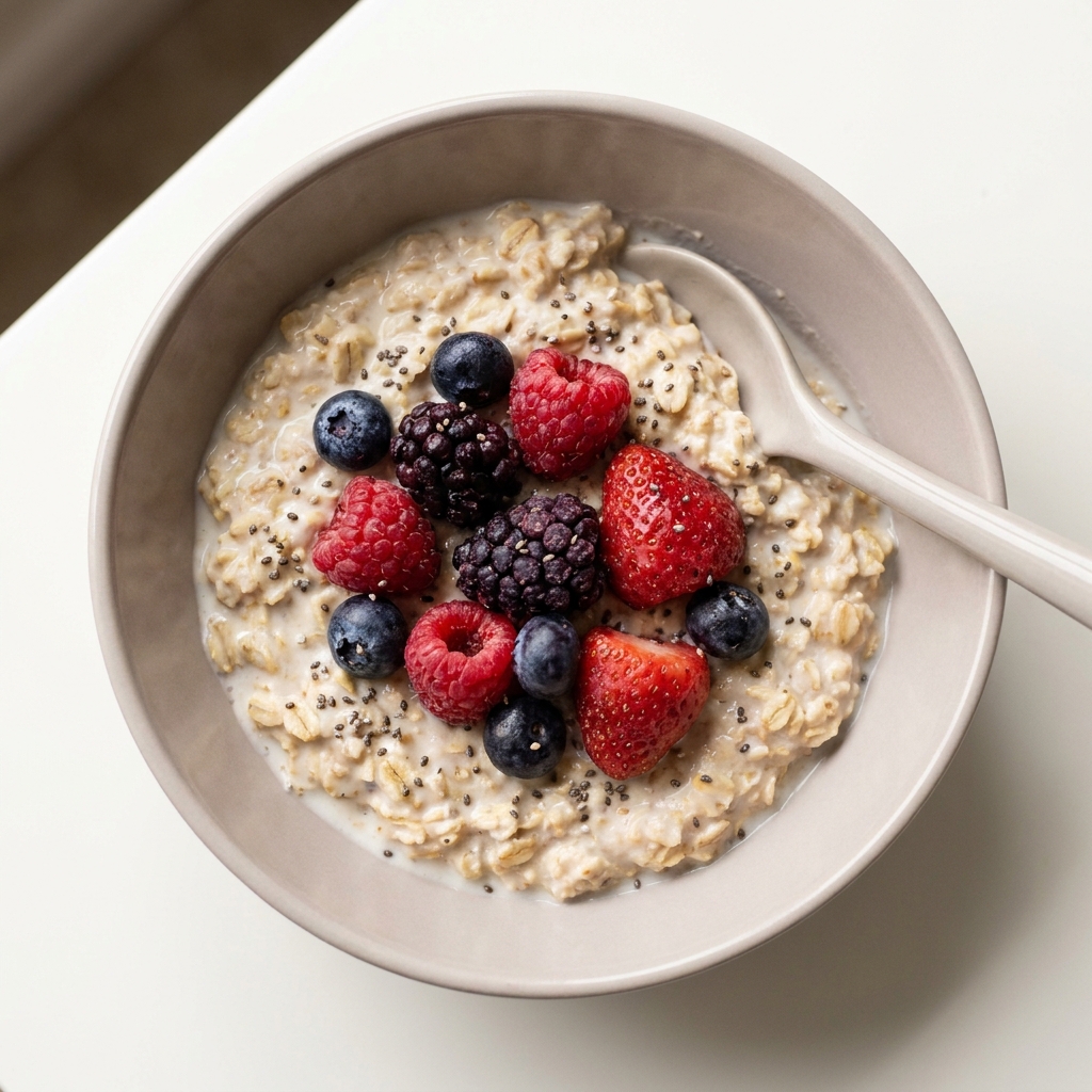 High Protein Vanilla Berry Oatmeal, prepared as a finished Lila recipe