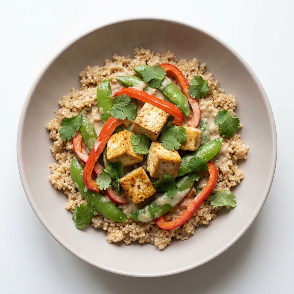 Tropical Amaranth and Tofu Coconut Curry Bowl, prepared as a finished Lila recipe
