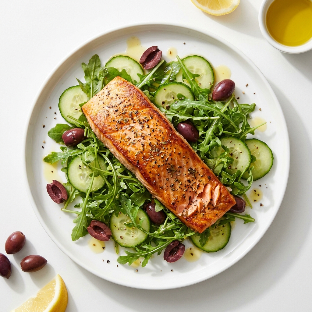 Mediterranean Pan-Seared Salmon with Herb Wild Salad, prepared as a finished Lila recipe