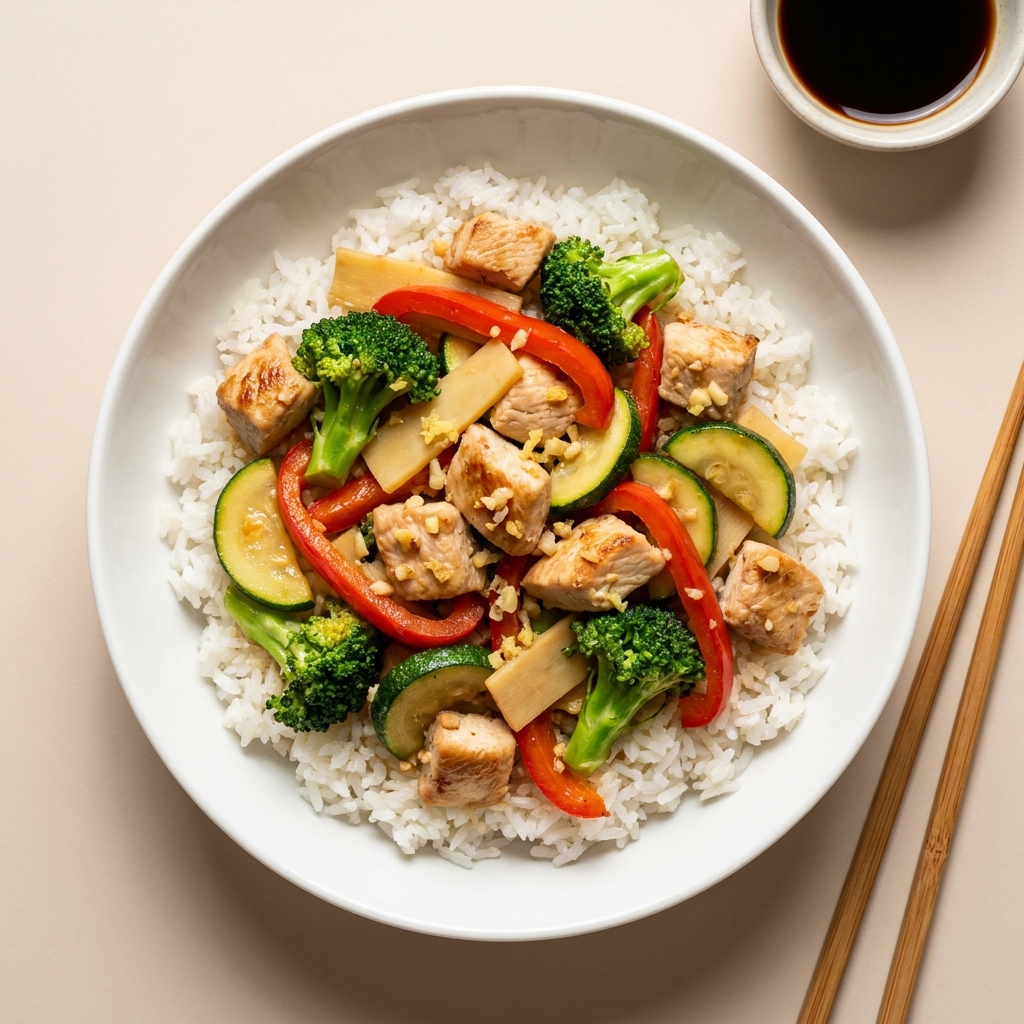 Ginger Garlic Chicken and Vegetable Rice Bowl, prepared as a finished Lila recipe