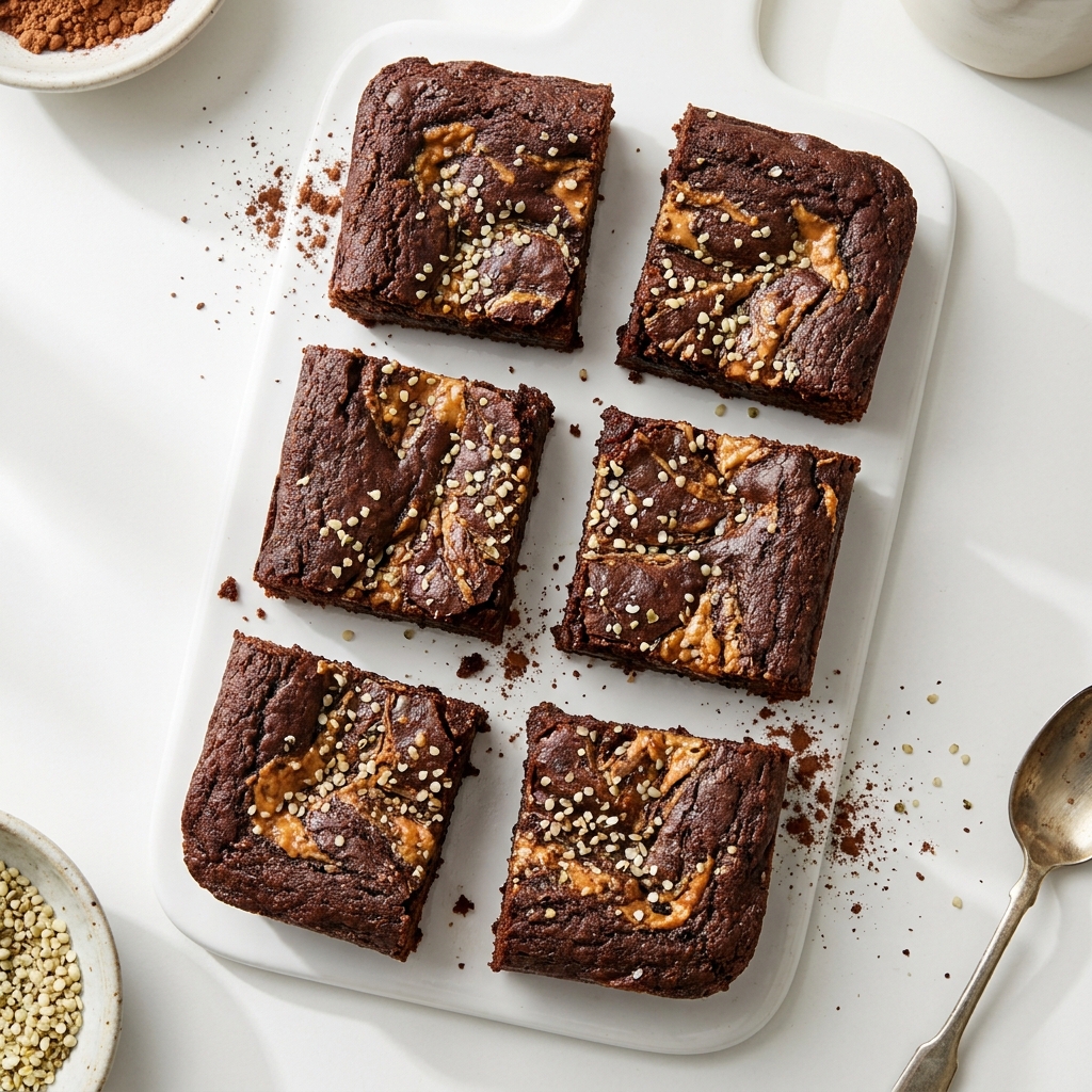 Fudgy Cacao and Hemp Seed Peanut Butter Brownies, prepared as a finished Lila recipe