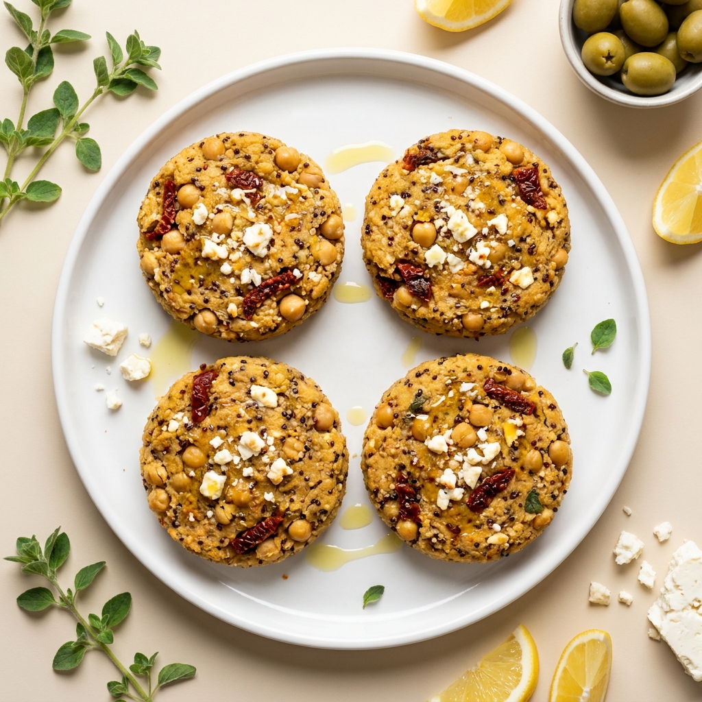Sheet Pan Mediterranean Chickpea Quinoa Burgers, prepared as a finished Lila recipe