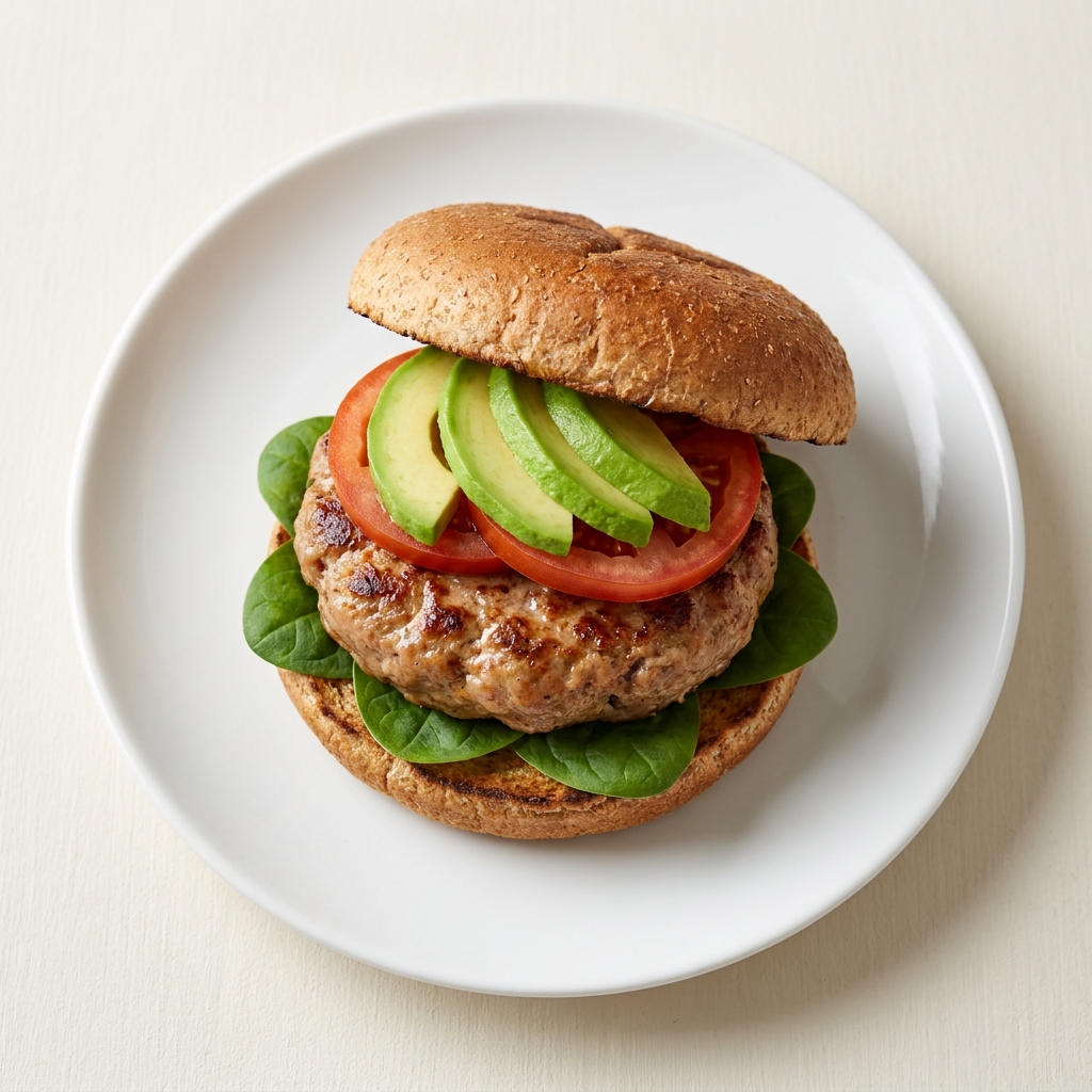Juicy Turkey Burger on Whole-Wheat Bun, prepared as a finished Lila recipe