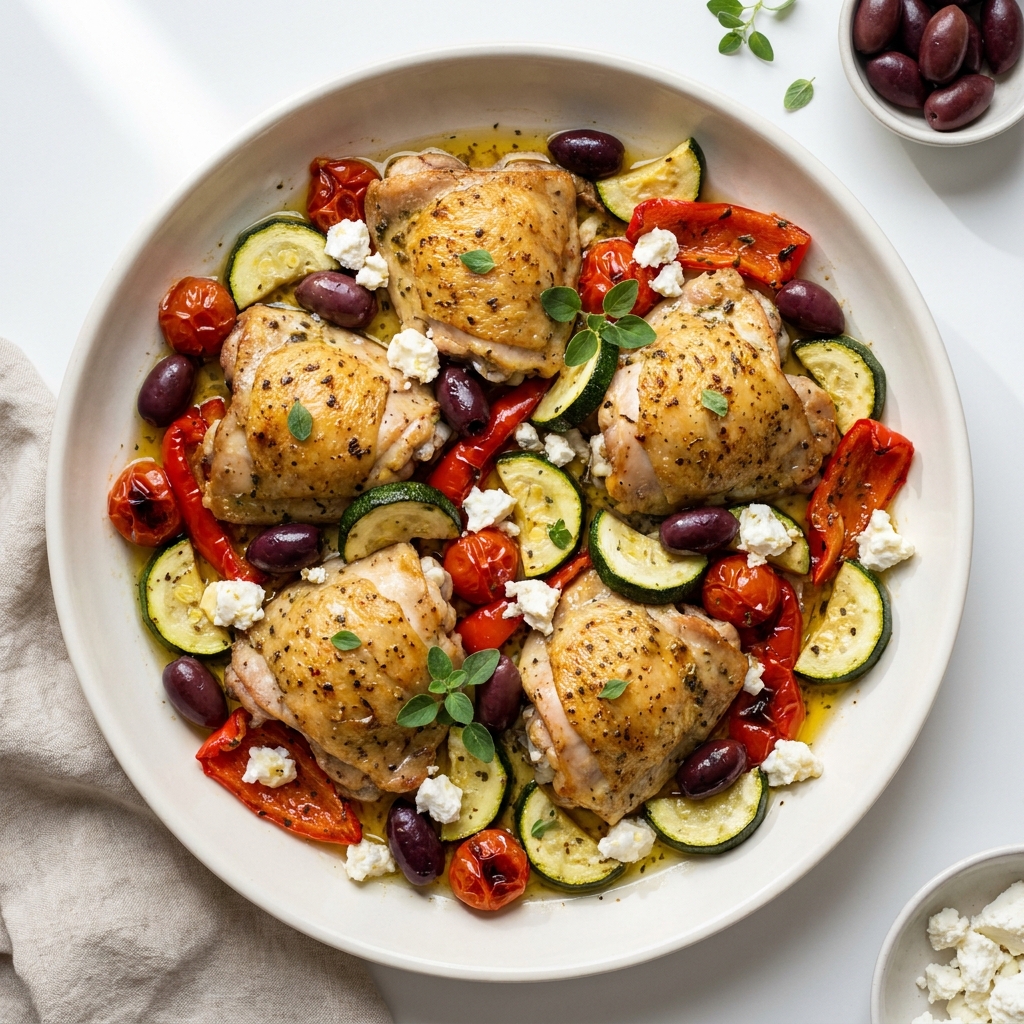 Garlic-Free Mediterranean Sheet Pan Chicken Thighs, prepared as a finished Lila recipe