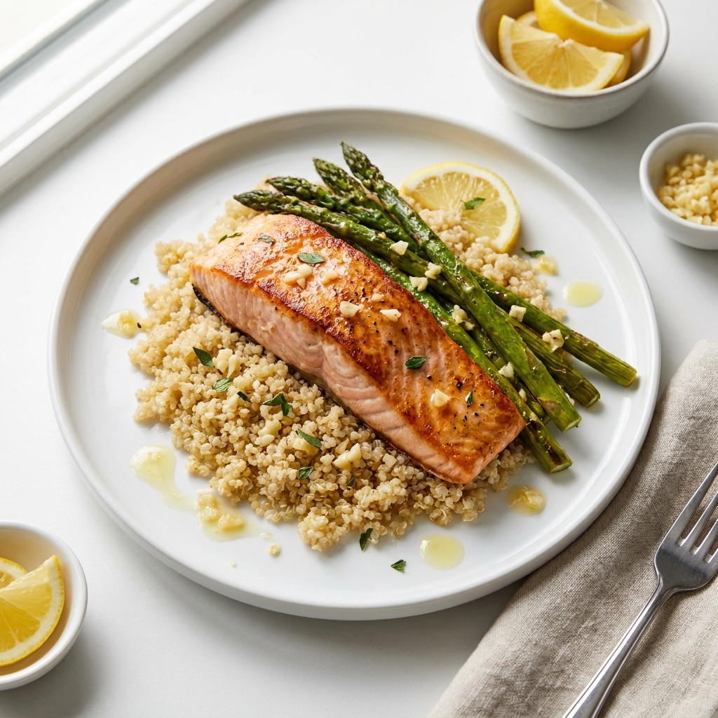 Mediterranean Lemon Garlic Salmon with Quinoa, prepared as a finished Lila recipe