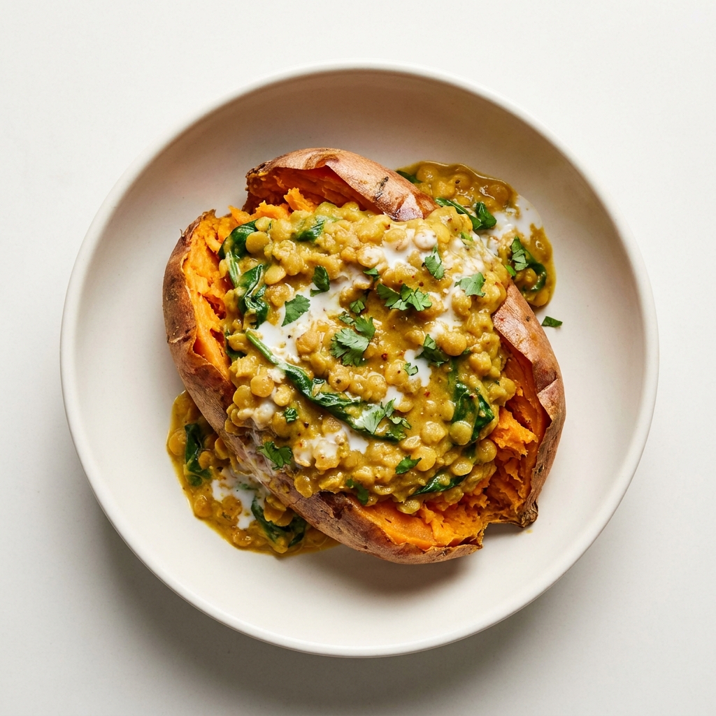 Creamy Coconut Lentil Curry over Baked Sweet Potato, prepared as a finished Lila recipe