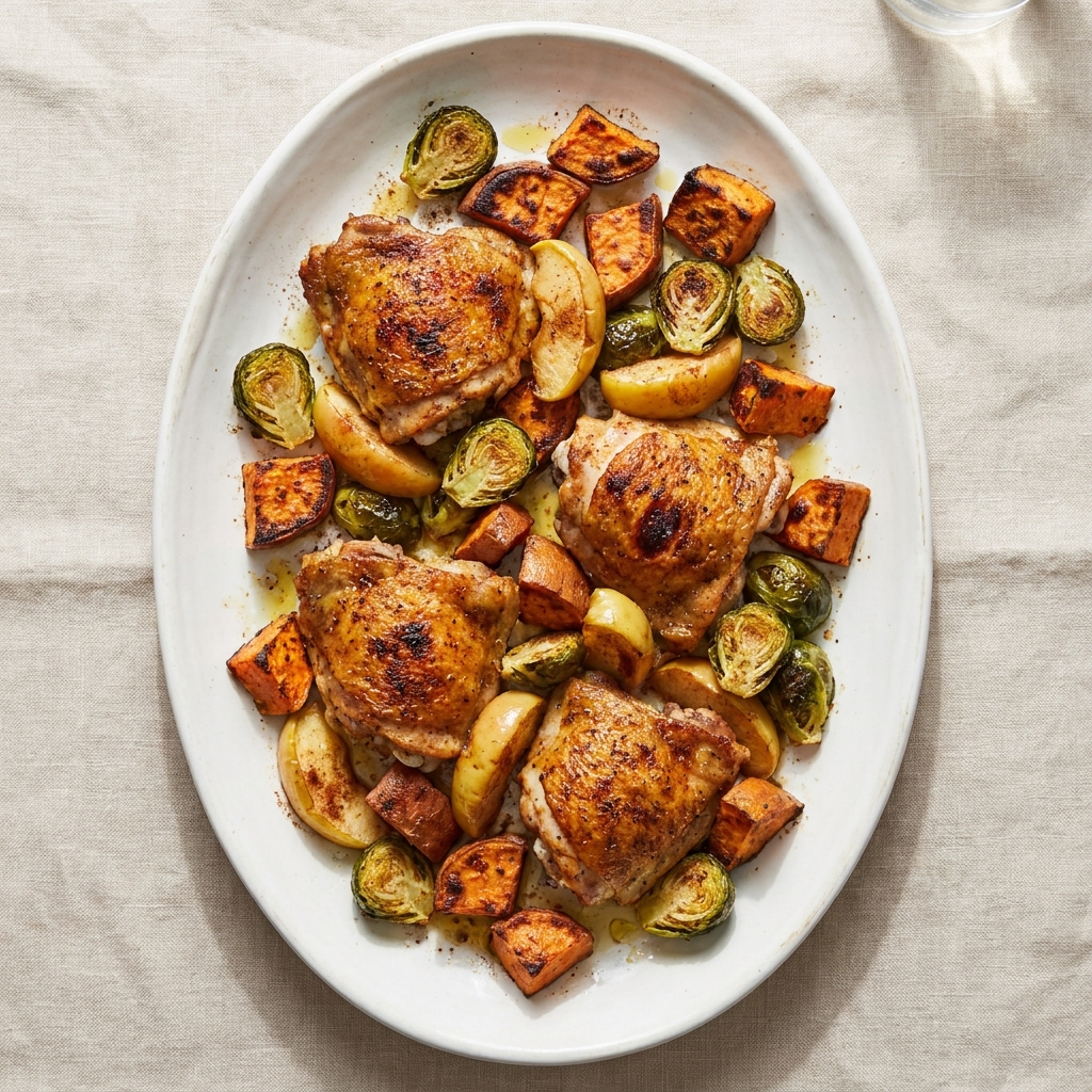 Sheet Pan Autumn Chicken with Sweet Potatoes and Brussels Sprouts, prepared as a finished Lila recipe