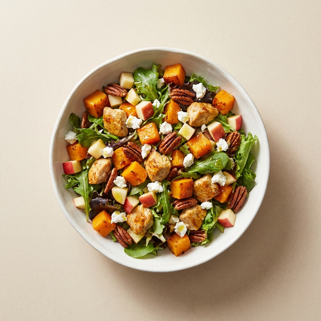 Warm Harvest Roasted Veggie & Chicken Salad, prepared as a finished Lila recipe