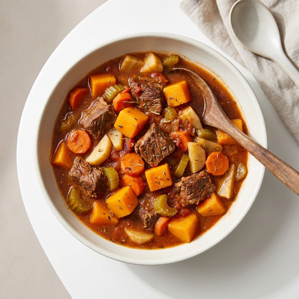 Cozy Fall Slow Cooker Beef and Root Veggie Stew, prepared as a finished Lila recipe