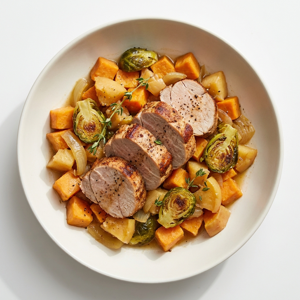 Slow Cooker Autumn Pork with Apples and Sweet Potatoes, prepared as a finished Lila recipe