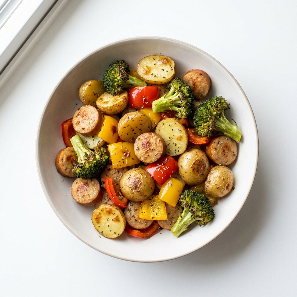 Sheet Pan Chicken Sausage, Pepper and Baby Potato Dinner, prepared as a finished Lila recipe