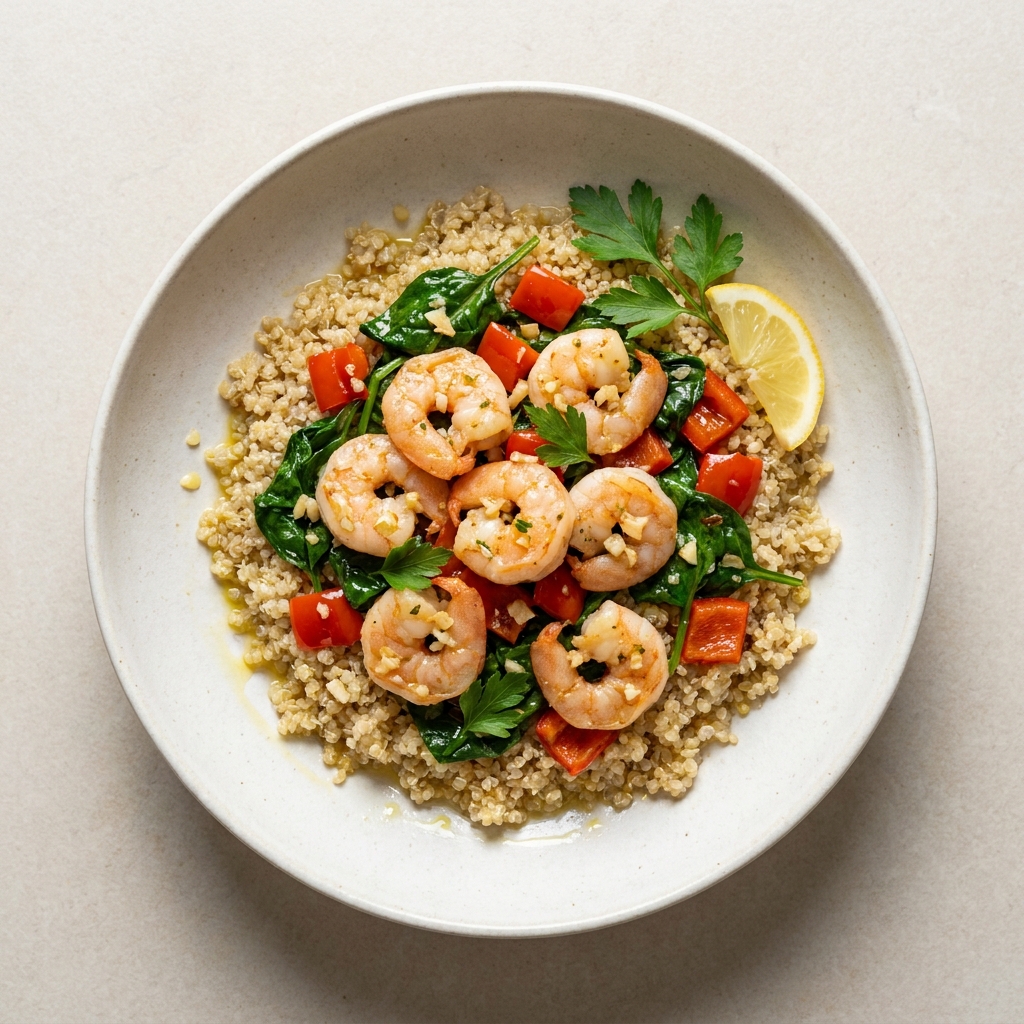 Garlic Herb Shrimp Quinoa Bowl, prepared as a finished Lila recipe