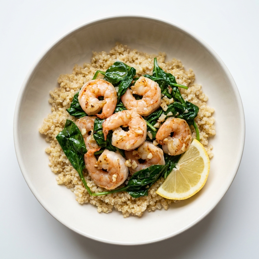 Lemon Garlic Shrimp and Quinoa Bowl, prepared as a finished Lila recipe