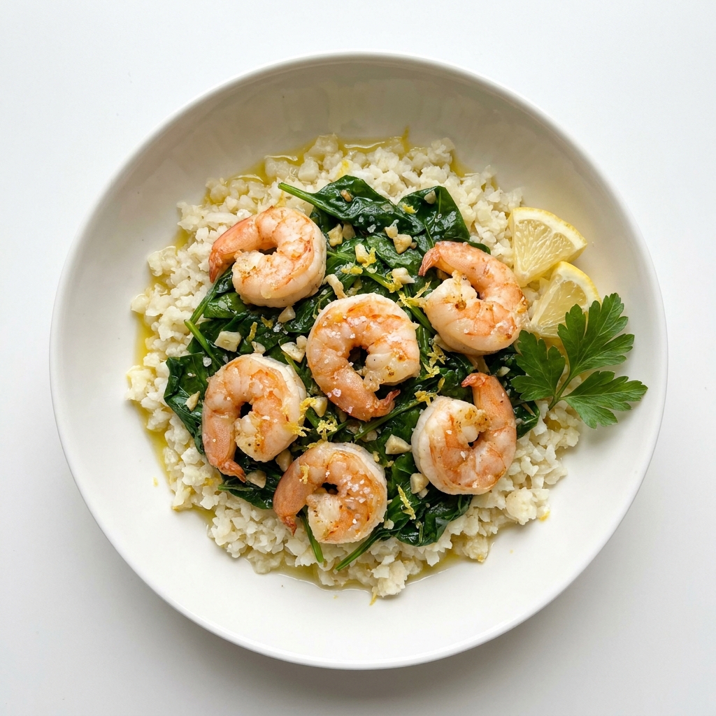 Lemon Herb Shrimp Cauliflower Rice Bowl, prepared as a finished Lila recipe