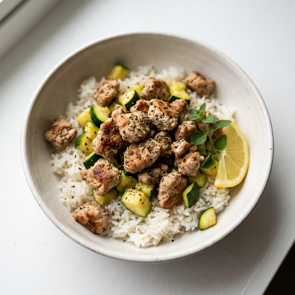 Lemon Herb Turkey and Jasmine Rice Bowl, prepared as a finished Lila recipe