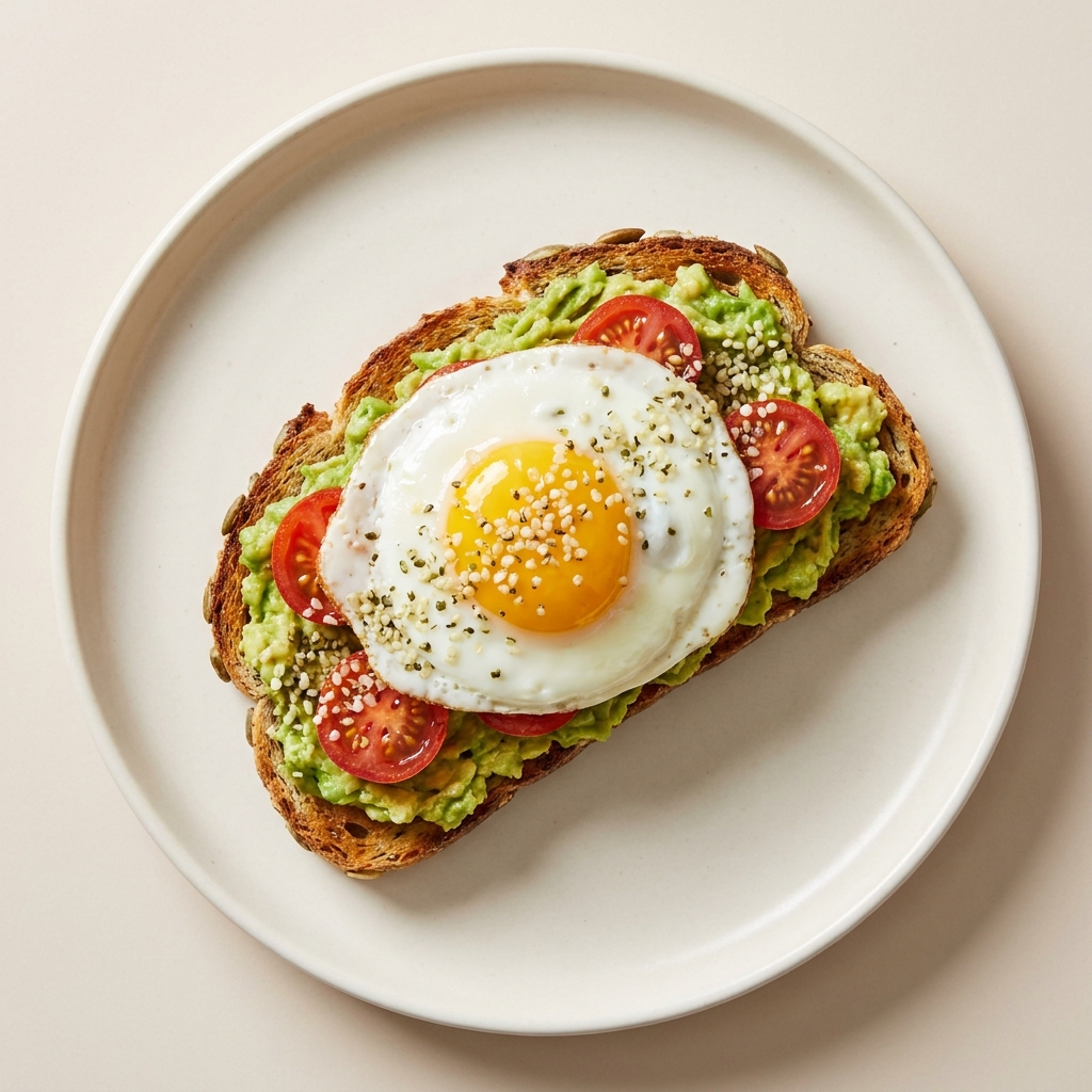 Mediterranean Egg and Avocado Pumpkin Seed Toast, prepared as a finished Lila recipe