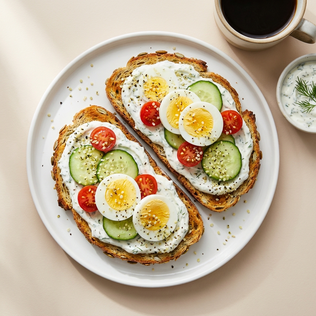 Pumpkin Seed Toast with Egg and Herbed Greek Yogurt, prepared as a finished Lila recipe