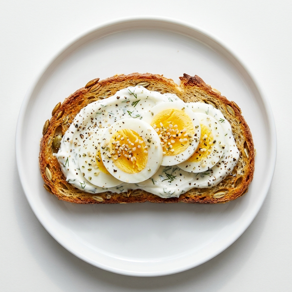 Pumpkin Seed Toast with Egg and Herbed Greek Yogurt, prepared as a finished Lila recipe