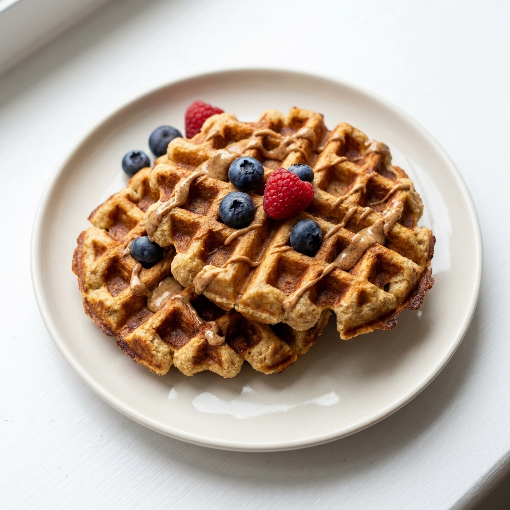 Crispy Salted Caramel Protein Waffles, prepared as a finished Lila recipe