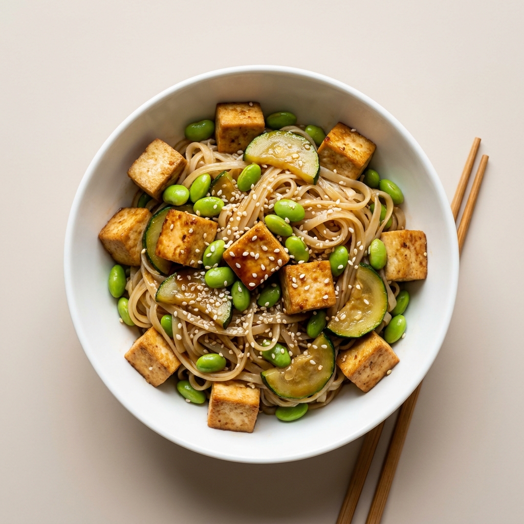 Savory Pan-Seared Tofu and Edamame Sesame Rice Noodle Bowl, prepared as a finished Lila recipe