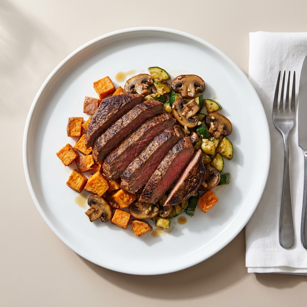 Pan-Seared Flank Steak with Garlic Zucchini and Mushrooms, prepared as a finished Lila recipe