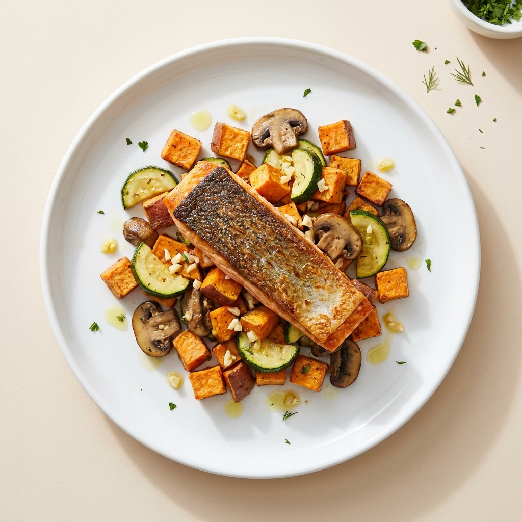 Pan-Seared Salmon with Garlic Zucchini and Sweet Potato, prepared as a finished Lila recipe