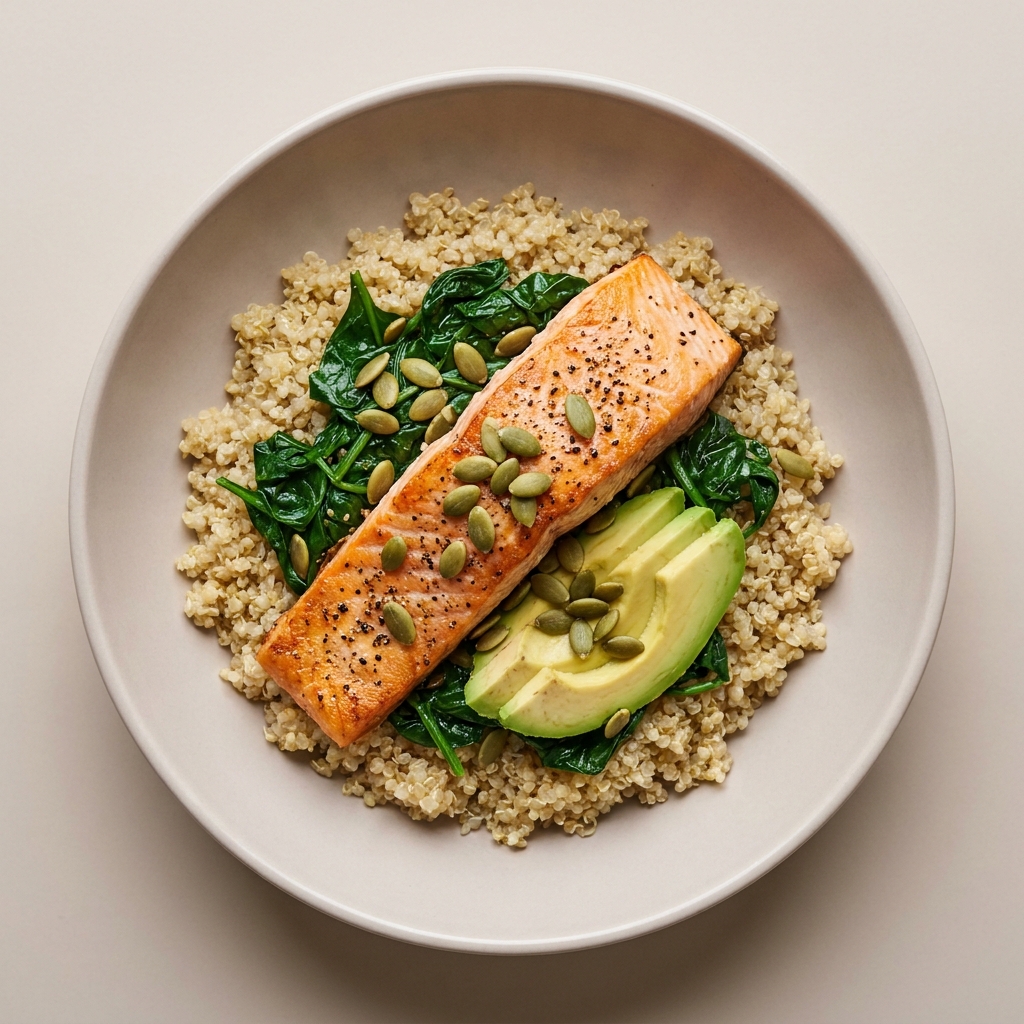 Warm Salmon and Spinach Bowl with Avocado, prepared as a finished Lila recipe