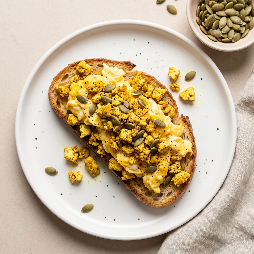 Warm Savory Tofu and Scrambled Egg Toast, prepared as a finished Lila recipe